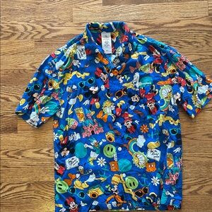 Disney Bright Blue All-Over Character Button-Up Shirt, size adult small